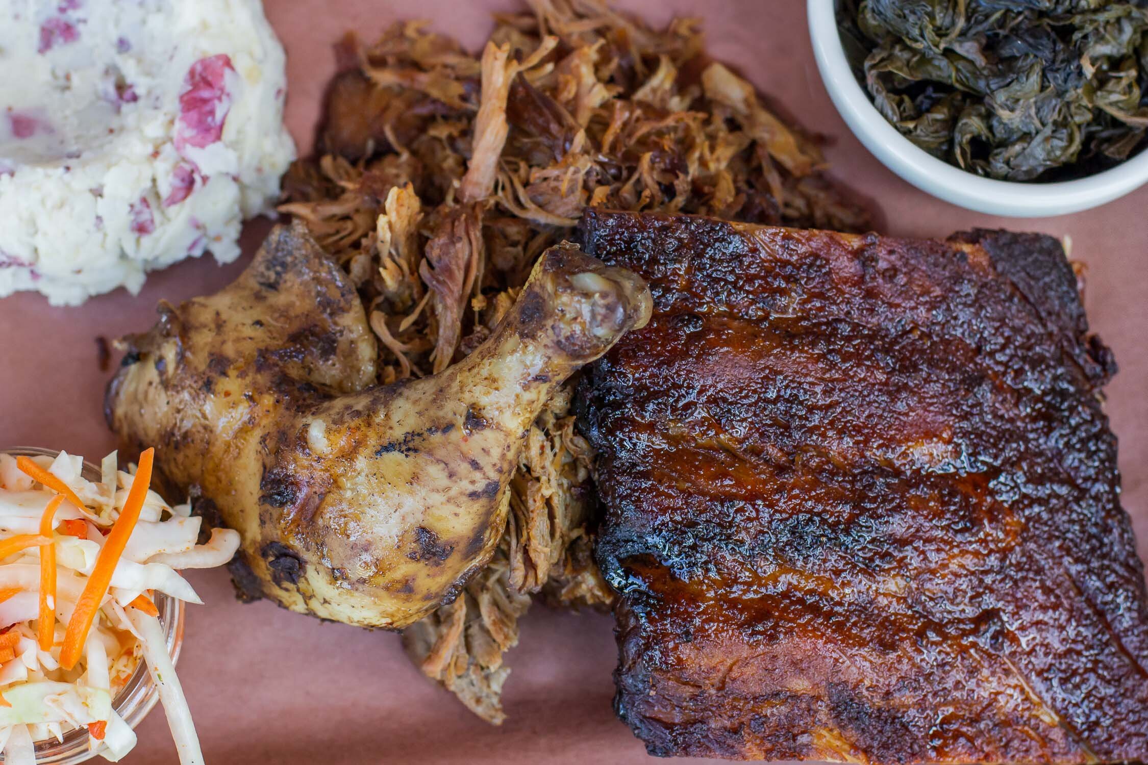Meat platter. Brimstone BBQ. Pulled Pork. Chicken. Ribs