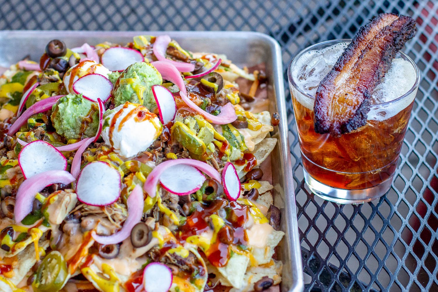 Brimstone Nachos with The Bacon, our favorite cocktail